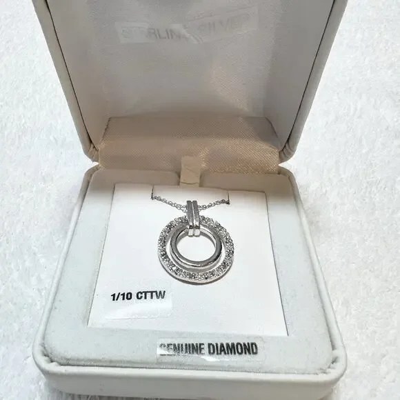 Double Ring Diamond 1/10 CTTW 925 Sterling Silver Pendant Necklace NEW With Tags - Picture 1 of 4